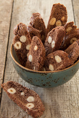 Chocolate biscotti with a mocha and nuts.