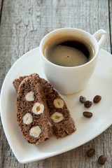 Chocolate biscotti with a mocha and nuts.