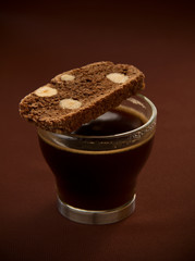 Chocolate biscotti with a mocha and nuts.