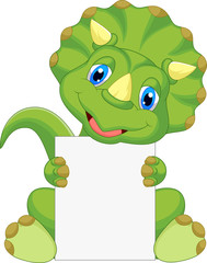 Cute dinosaur cartoon holding blank sign © tigatelu