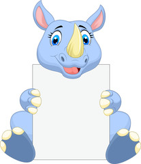 Obraz na płótnie Canvas Cute rhino cartoon holding blank sign