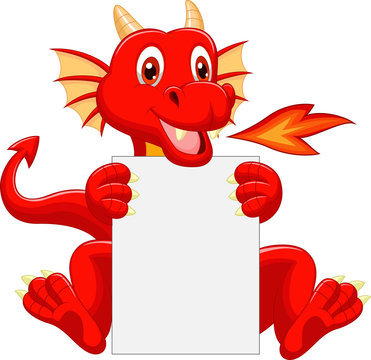 Cute dragon cartoon holding blank sign