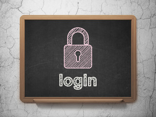 Protection concept: Closed Padlock and Login on chalkboard