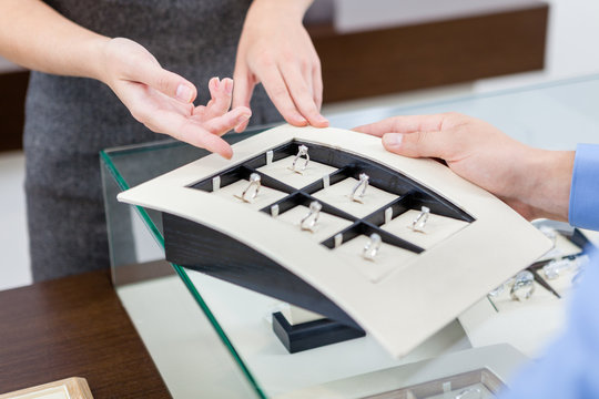 Close up view of the collection of rings at jeweler's shop