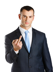 Businessman showing obscene gesture, isolated 