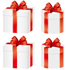 Set of gift boxes ribbons present
