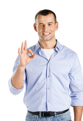 Man with Okay gesture, isolated on white
