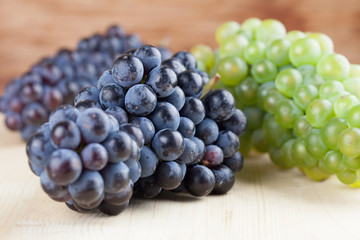 Blue and green grape clusters