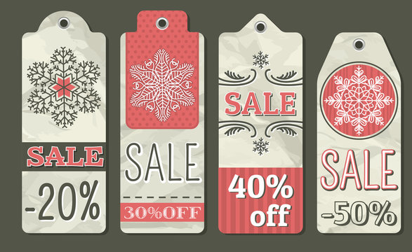 crumple christmas labels with sale offer, vector