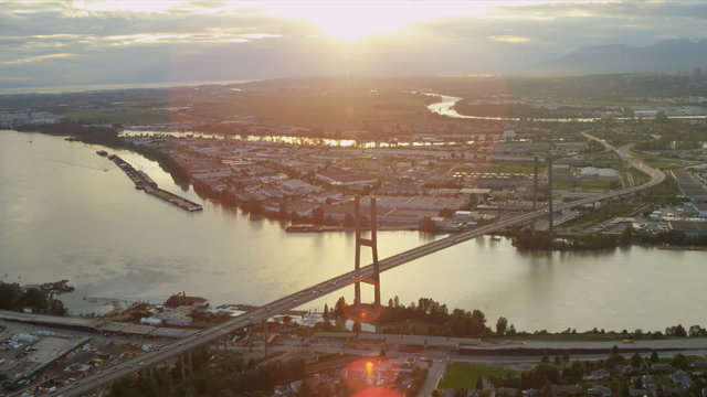 Aerial sunset view Alex Fraser Bridge, Vancouver