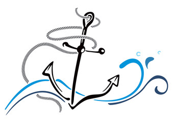 Naklejka premium Anchor wrapped with rope drooped in waves