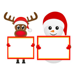 Snowman and Reindeer with blank banner