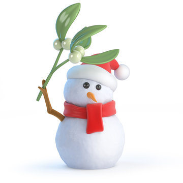 Santa Snowman stands under the mistletoe