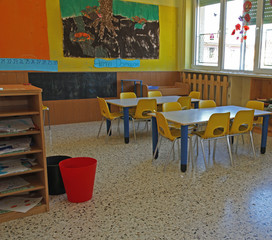 benches and chairs of a kindergarten and many poster