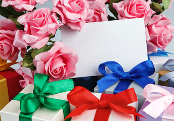 Greeting card with flowers and gifts