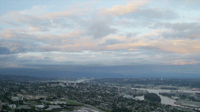 Aerial landscape sunset view Port Mann Bridge, Vancouver