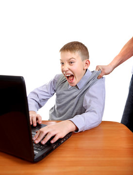 Parent dragging Son from Laptop