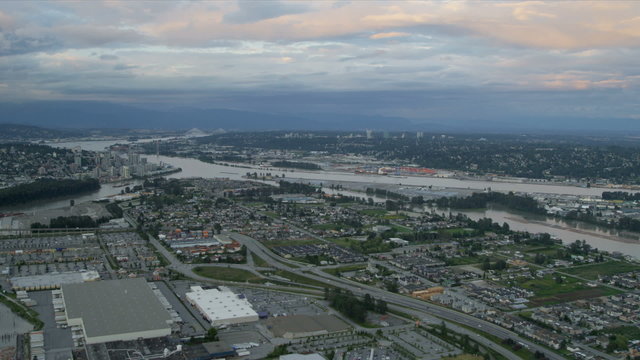 Aerial landscape sunset view residential suburbs Annacis Island, Vancouver
