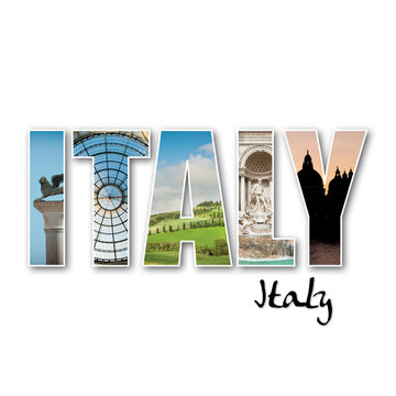 "ITALY" collage of different famous locations.