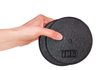 Female Hand Holding Black Weight Plates on White Background