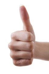 Hand with thumb up over white background