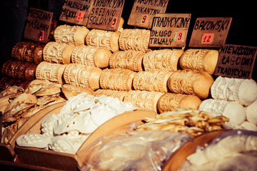 Fototapeta premium Traditional polish smoked cheese oscypek on market in Zakopane