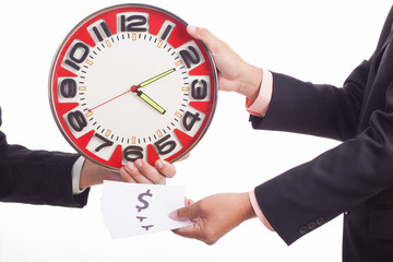 Man holding clock hands.