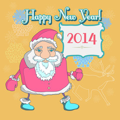 Happy New Year card with Santa Claus and reindeer