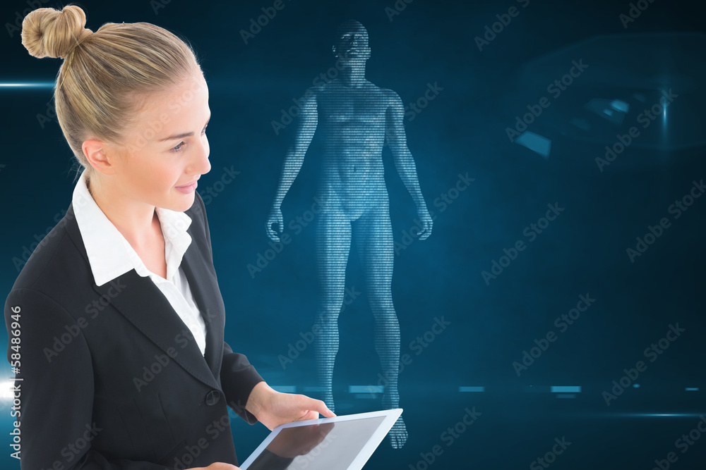 Wall mural composite image of businesswoman holding tablet