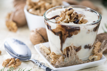Walnut Yoghurt with Chocolate sauce