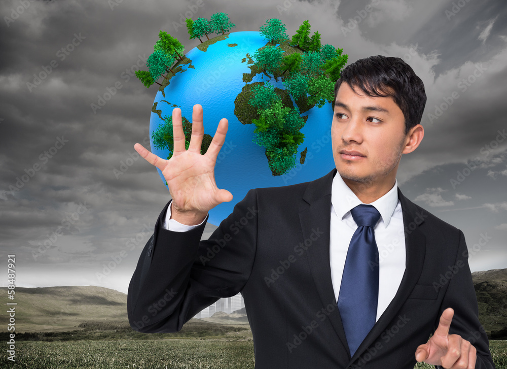 Aufkleber composite image of unsmiling businessman holding and pointing