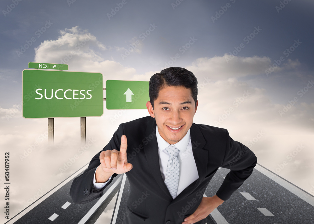 Poster composite image of smiling asian businessman pointing