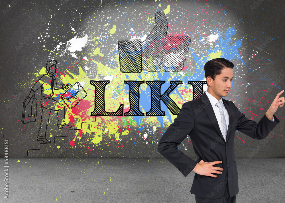 Poster composite image of unsmiling asian businessman pointing