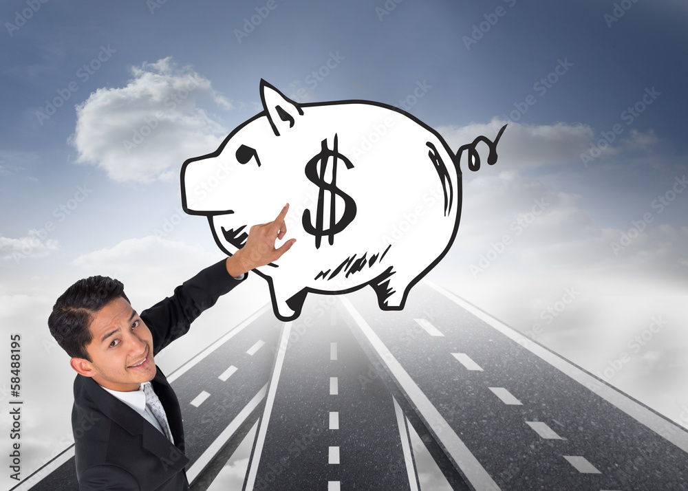 Poster composite image of smiling asian businessman pointing