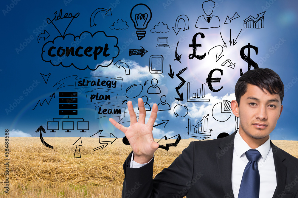 Poster Composite image of unsmiling businessman holding and pointing
