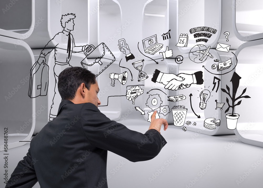 Poster composite image of unsmiling asian businessman pointing