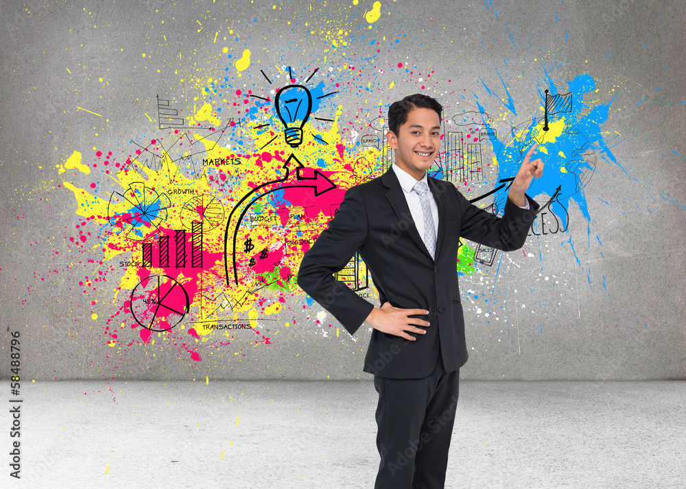 Poster composite image of smiling asian businessman pointing