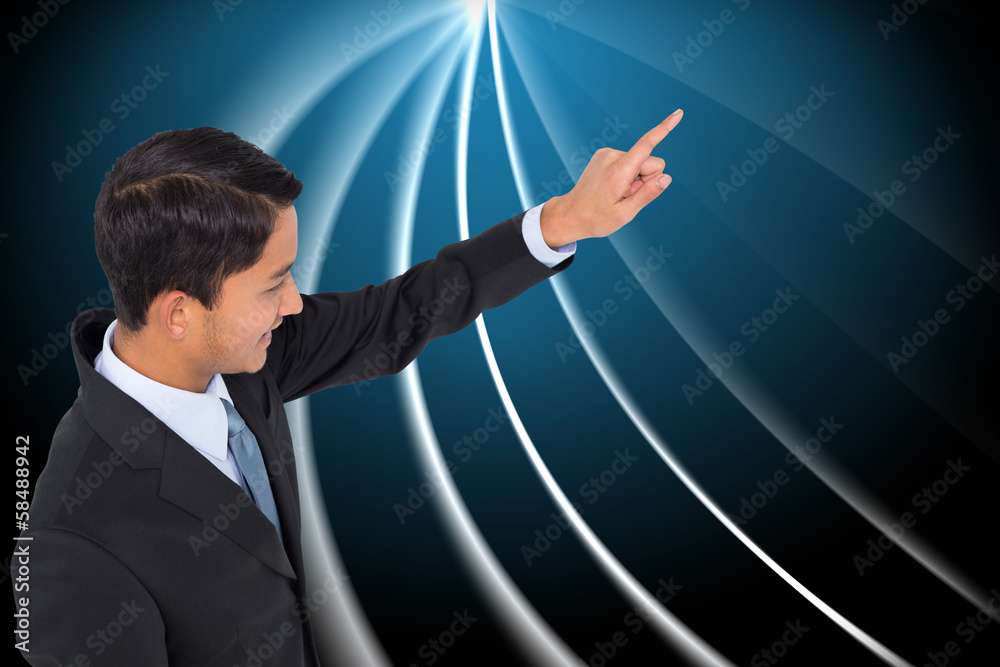 Poster composite image of smiling asian businessman pointing