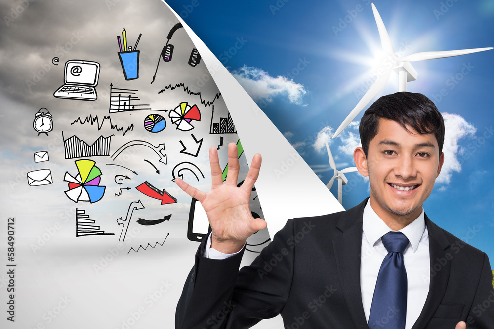Poster Composite image of smiling businessman holding and pointing