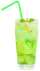 Fruit cocktail with lime and ice cubes in a glass