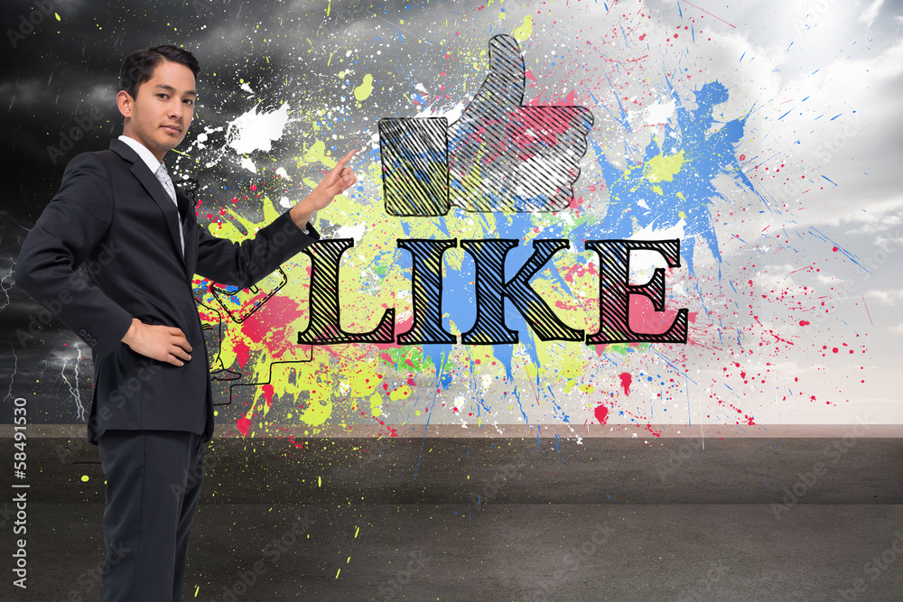 Poster composite image of unsmiling asian businessman pointing