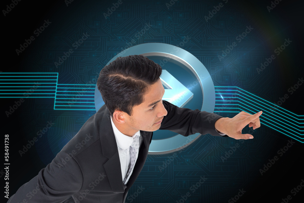 Poster composite image of unsmiling asian businessman pointing