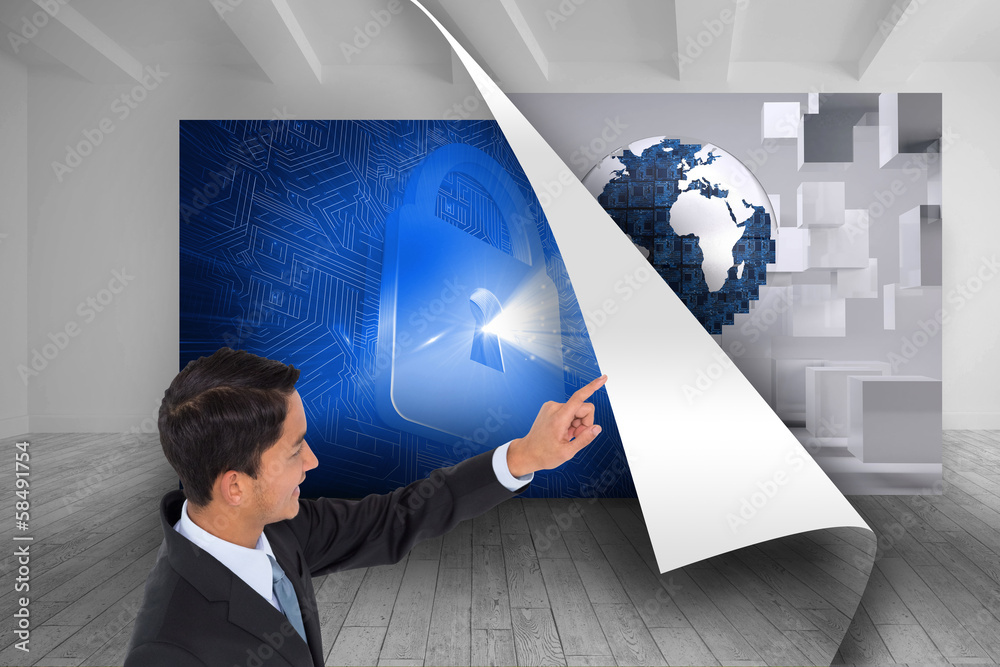 Poster composite image of smiling asian businessman pointing