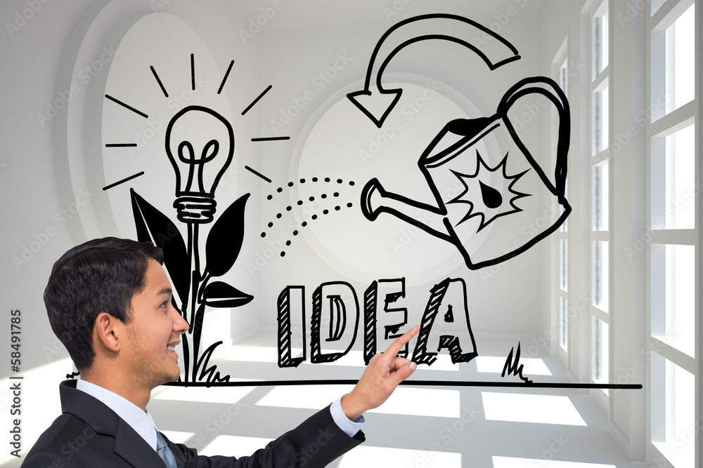 Poster composite image of smiling asian businessman pointing