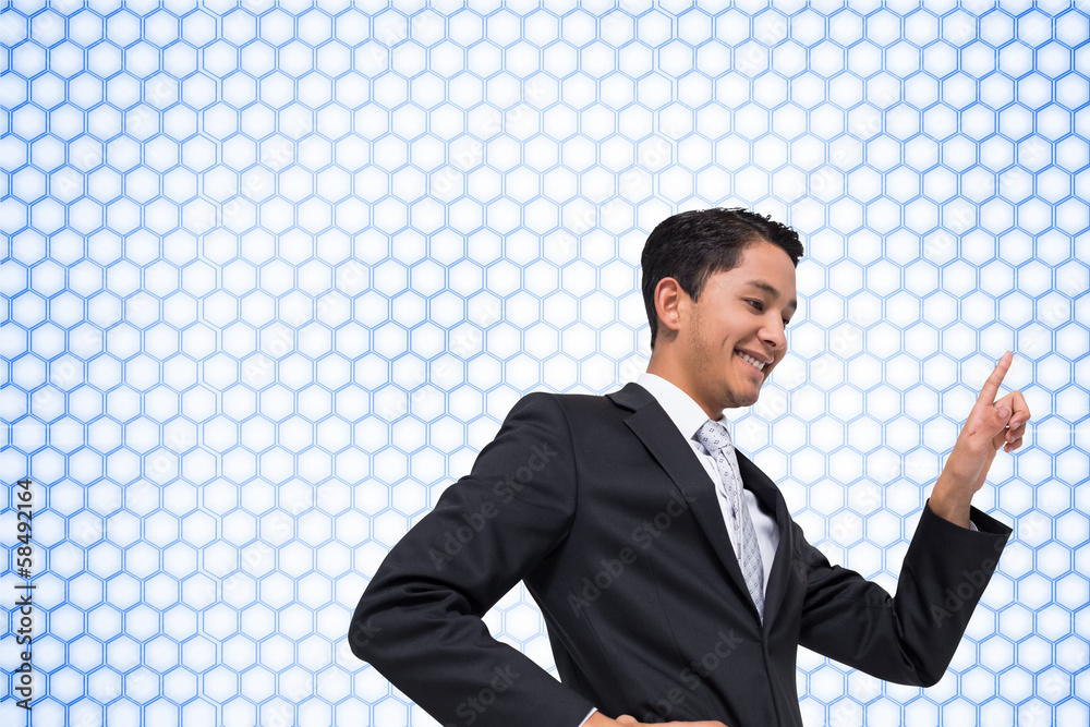 Poster composite image of smiling asian businessman pointing