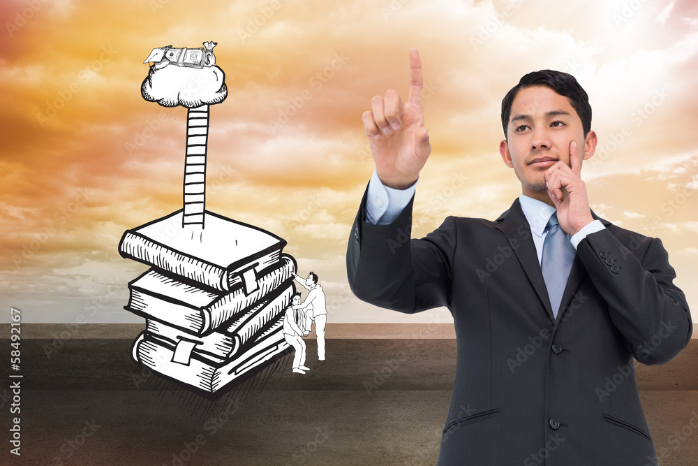 Poster composite image of thoughtful asian businessman pointing