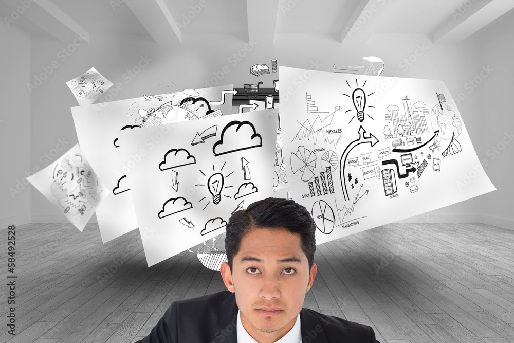 Poster composite image of unsmiling asian businessman pointing