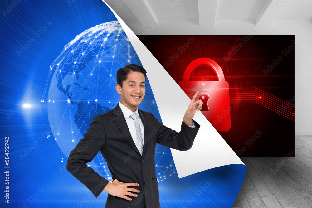 Aufkleber composite image of smiling asian businessman pointing