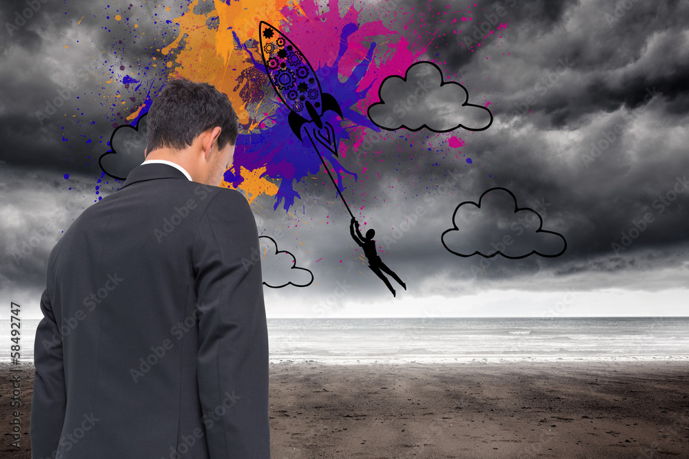 Poster Composite image of rocket on splashes over stormy background