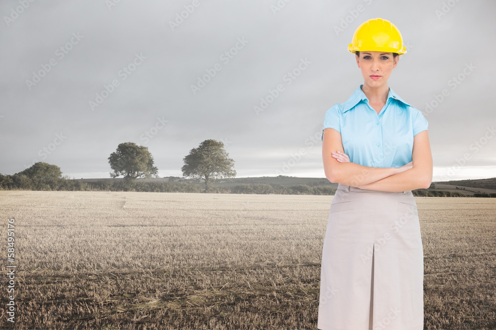 Poster composite image of serious pretty architect posing
